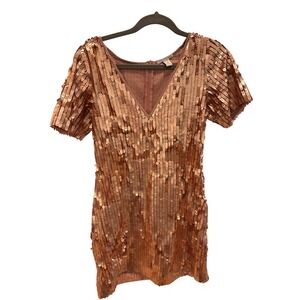 ASTARS Rose‎ Gold Sequin V Neck Short Sleeve Mini Dress Party Evening